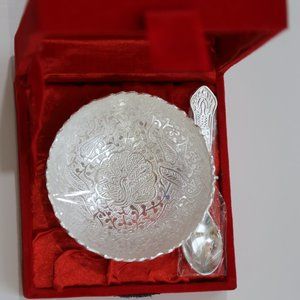 NWT Metal carved Bowl & Spoon in Silver
